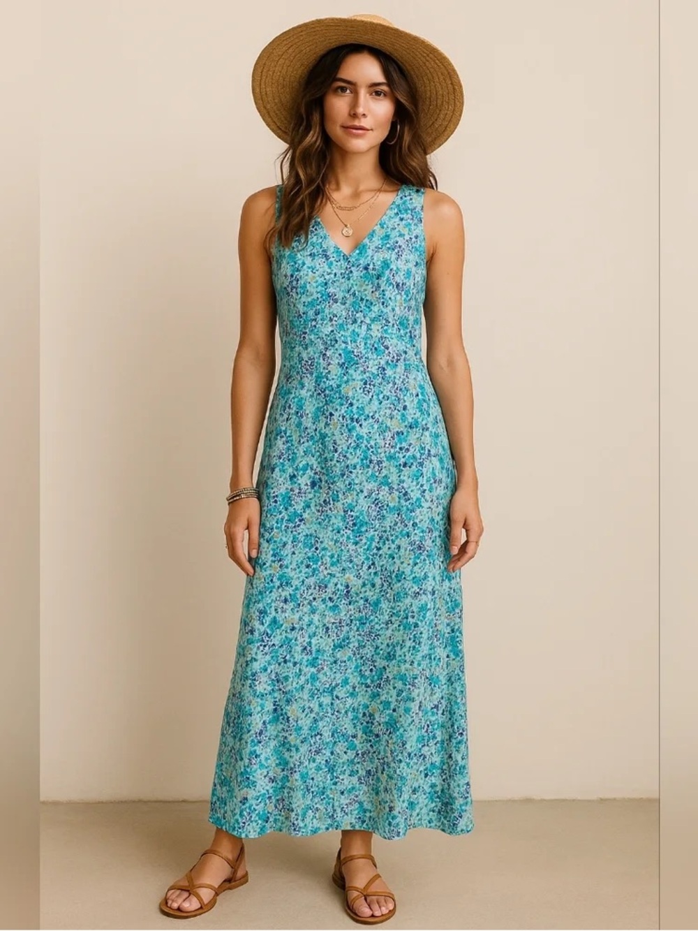 Vintage Blue Floral V-Neck Maxi Dress